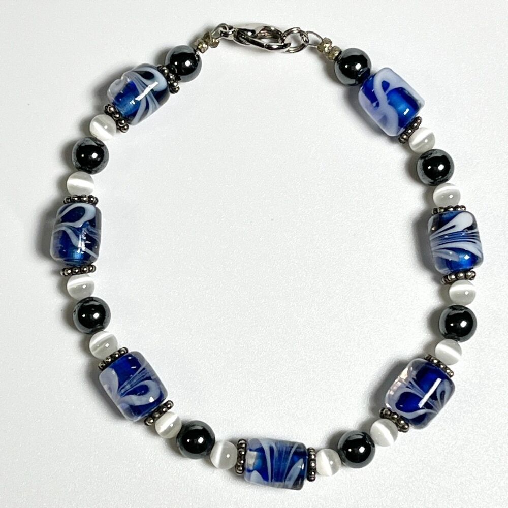 Handmade Beaded Bracelet Blue White Swirled Pattern Cylindrical Art Glass